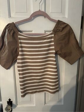J Crew Striped Puff Sleeve Top in Brown and White